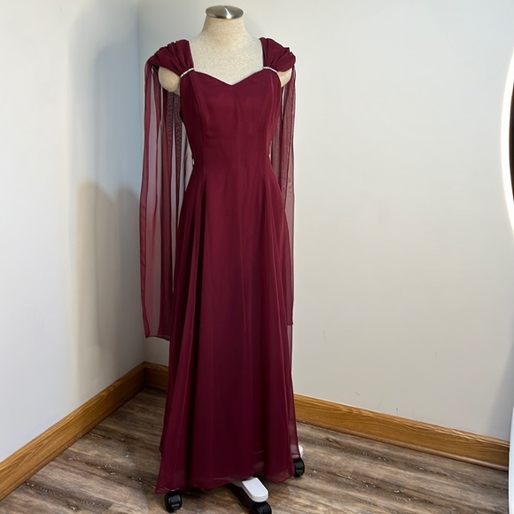 Michaelangelo Burgundy Dress Chiffon Wide Strap Dramatic Shoulder Trains Size 10 - Picture 2 of 14
